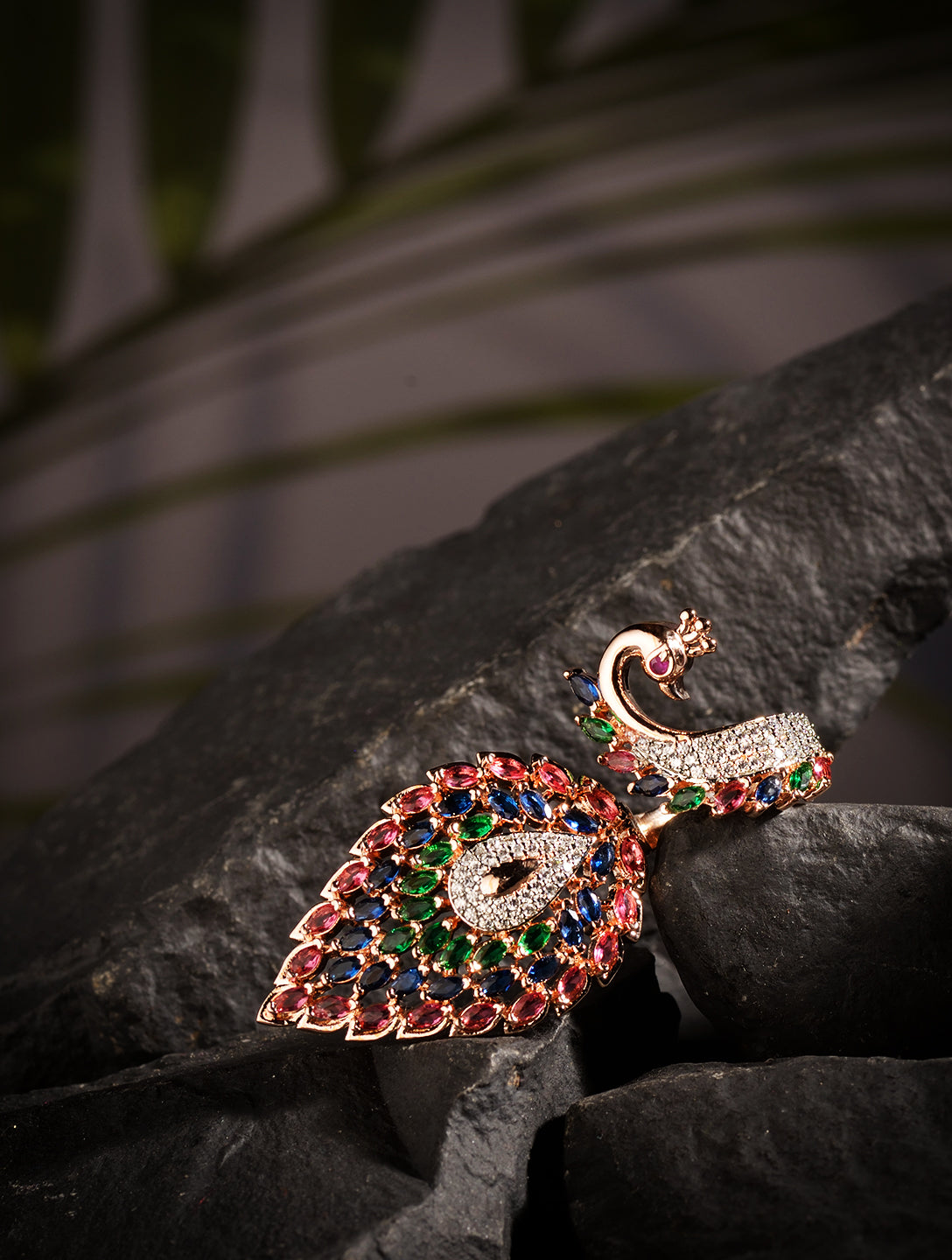 Rose Gold Plated Multi AD studded Peacock Designer Finger Ring, zaveri pearls, sale price rs, sale price, sale gold plated, sale gold, sale, rubans, ring, regular price, priyassi jewellery, k