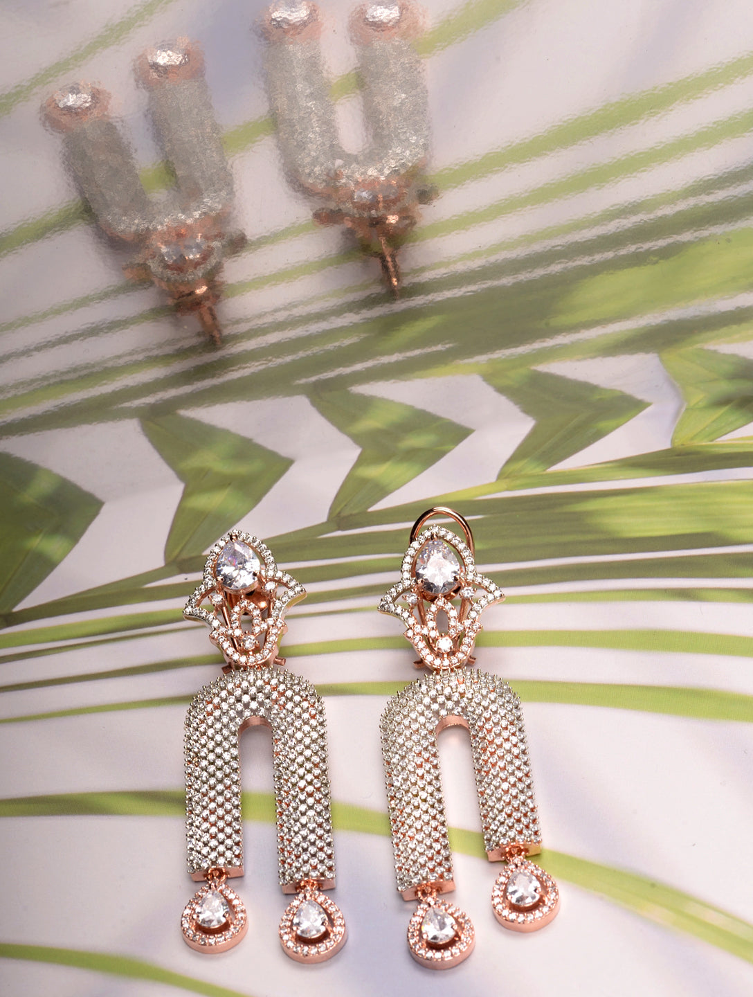 Rose Gold Plated White AD stdded Long Designer Dropdown Earrings, zaveri pearls, sale price rs, sale price, sale gold plated, sale gold, sale, rubans, ring, regular price, priyassi jewellery,