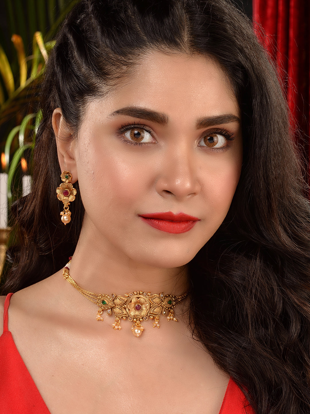 GoldPlated Red & Green AD Studded Jewellery Set, zaveri pearls, sale price rs, sale price, sale gold plated, sale gold, sale, rubans, ring, regular price, priyassi jewellery, kushal's - Saraf