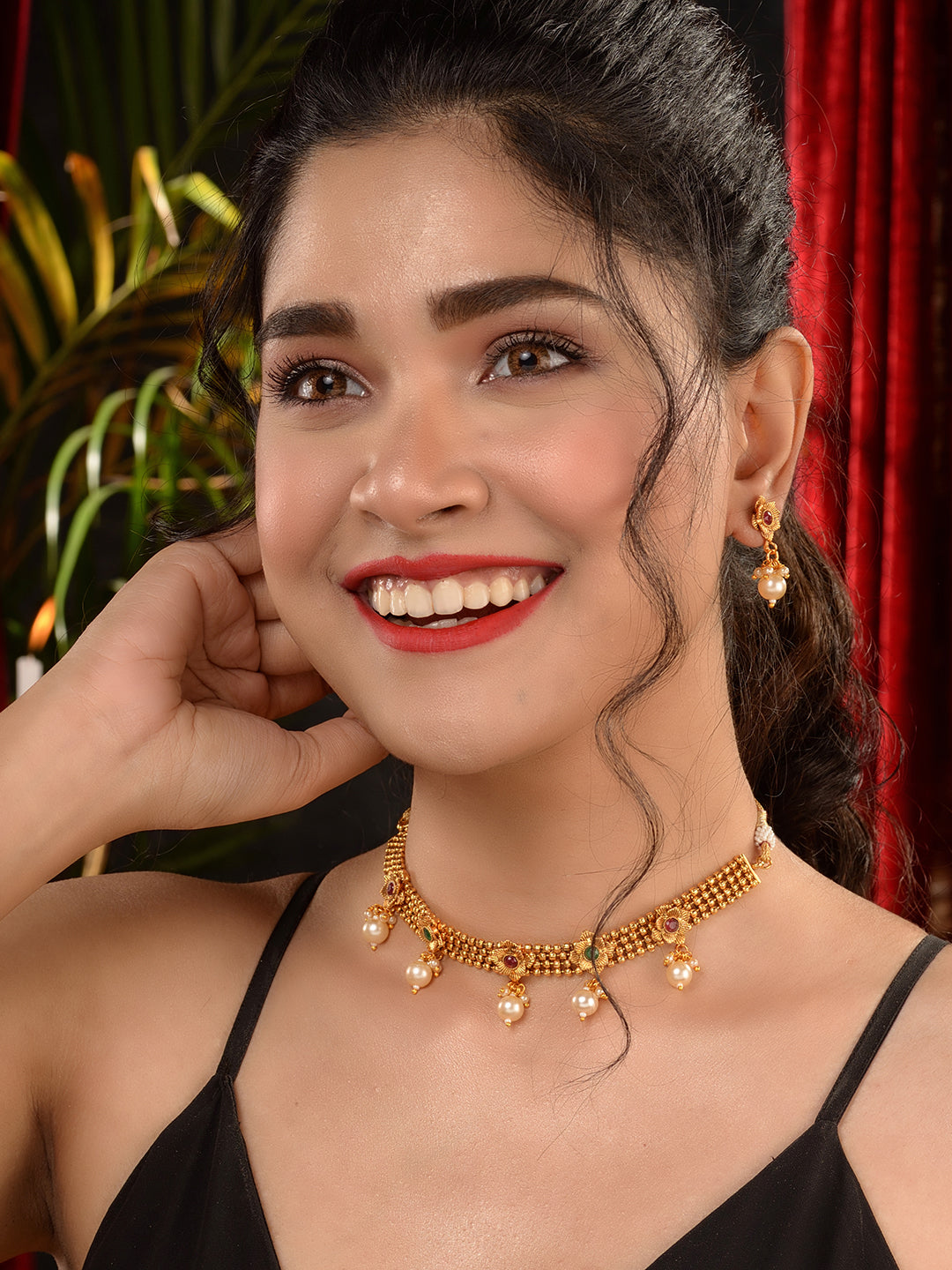 GoldPlated Red & Green AD Studded Jewellery Set, zaveri pearls, sale price rs, sale price, sale gold plated, sale gold, sale, rubans, ring, regular price, priyassi jewellery, kushal's - Saraf