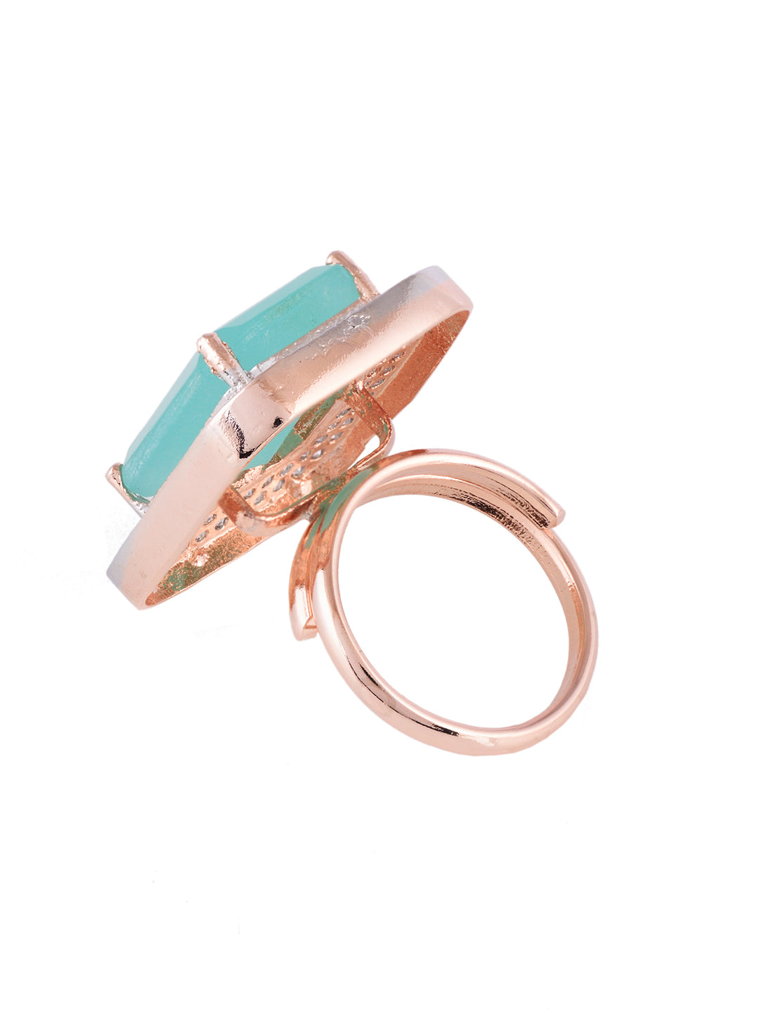 RoseGold Plated Turquoise Blue StoneStudded Adjustable Finger Ring, zaveri pearls, sale price rs, sale price, sale gold plated, sale gold, sale, rubans, ring, regular price, priyassi jeweller