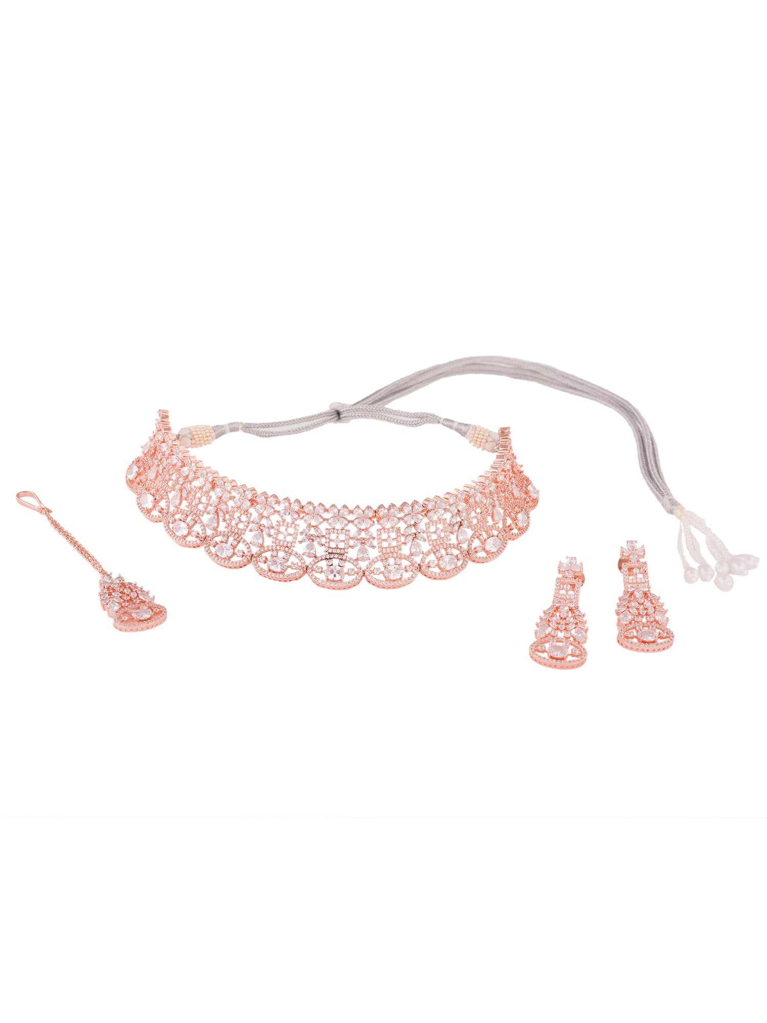 Rose Gold Plated White AD Studded Choker Dropdown Earrings Jewellery Set, zaveri pearls, sale price rs, sale price, sale gold plated, sale gold, sale, rubans, ring, regular price, priyassi je