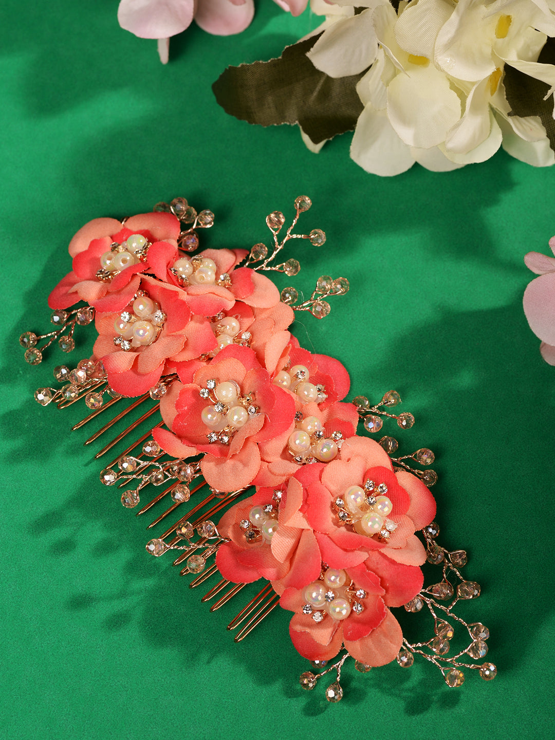 Peach Flowers Pearls & Crystal Embellished Bridal Hair Tiara, zaveri pearls, sale price rs, sale price, sale gold plated, sale gold, sale, rubans, ring, regular price, priyassi jewellery, kus