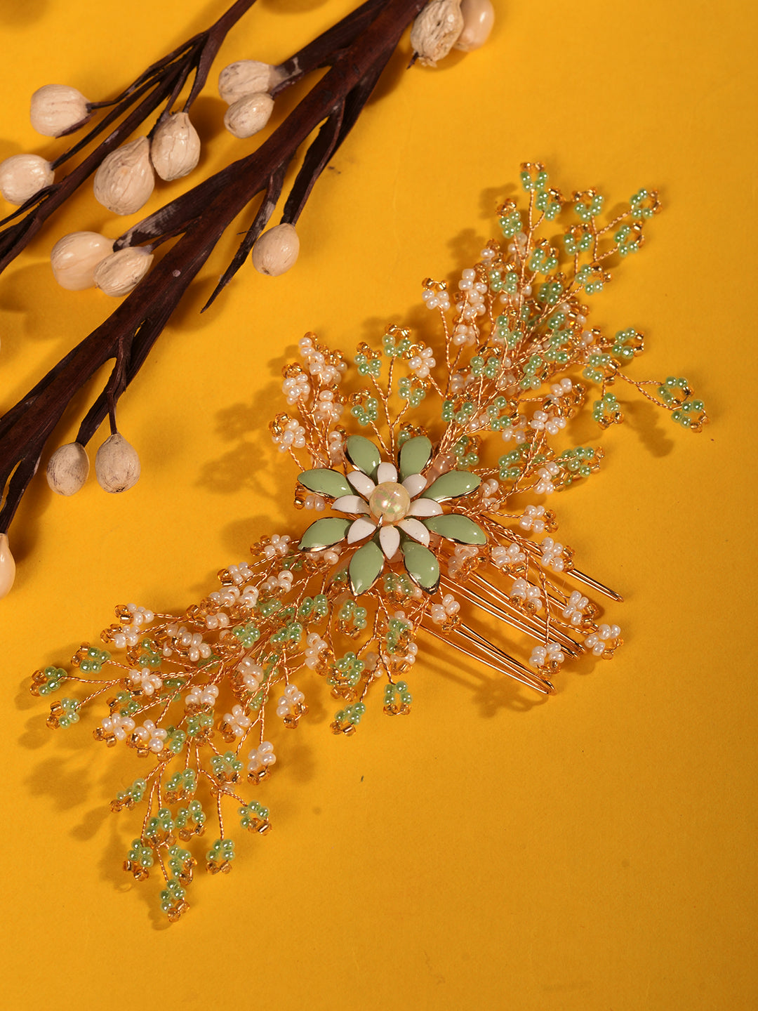 Gold Toned Green Pearl Beaded Bridal Hair pin, zaveri pearls, sale price rs, sale price, sale gold plated, sale gold, sale, rubans, ring, regular price, priyassi jewellery, kushal's - Saraf R