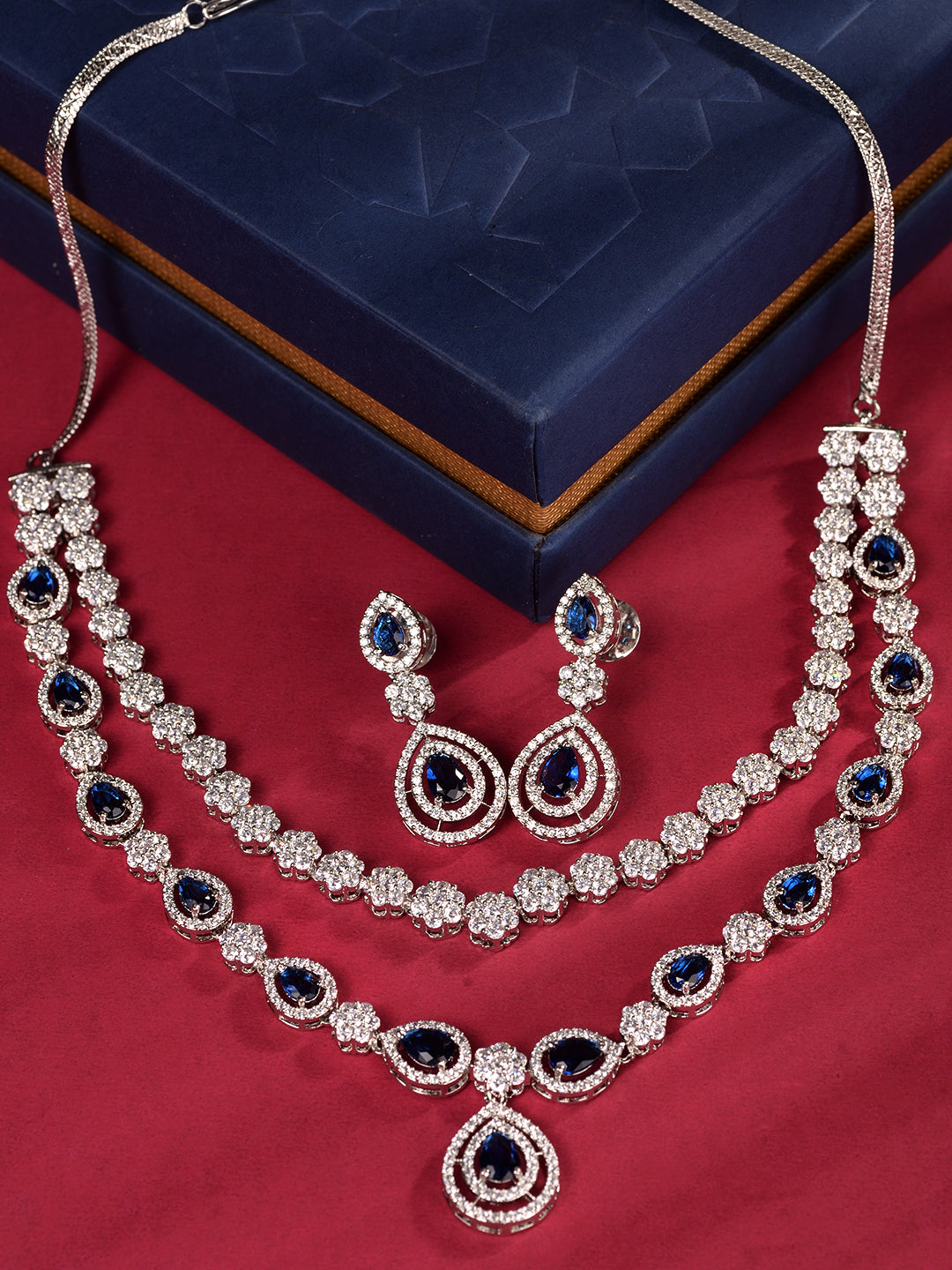 Silver Toned Blue AD studded double layer Necklace jewellery Set, zaveri pearls, sale price rs, sale price, sale gold plated, sale gold, sale, rubans, ring, regular price, priyassi jewellery,