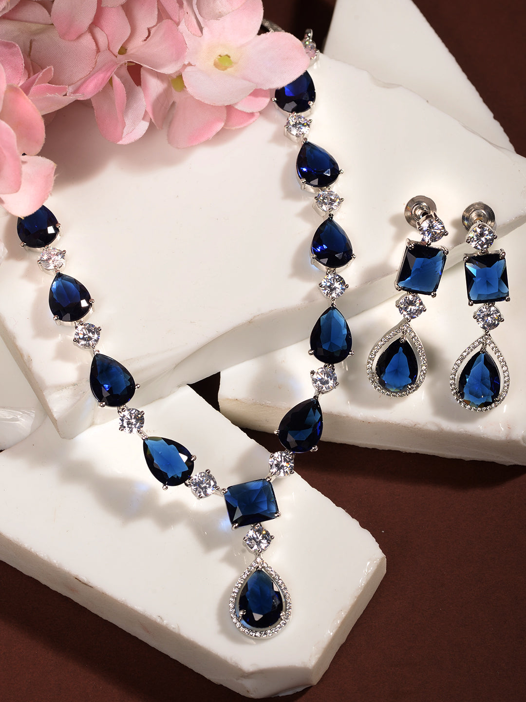 Silver Toned Blue AD studfded designer Necklace Jewellery Set, zaveri pearls, sale price rs, sale price, sale gold plated, sale gold, sale, rubans, ring, regular price, priyassi jewellery, ku