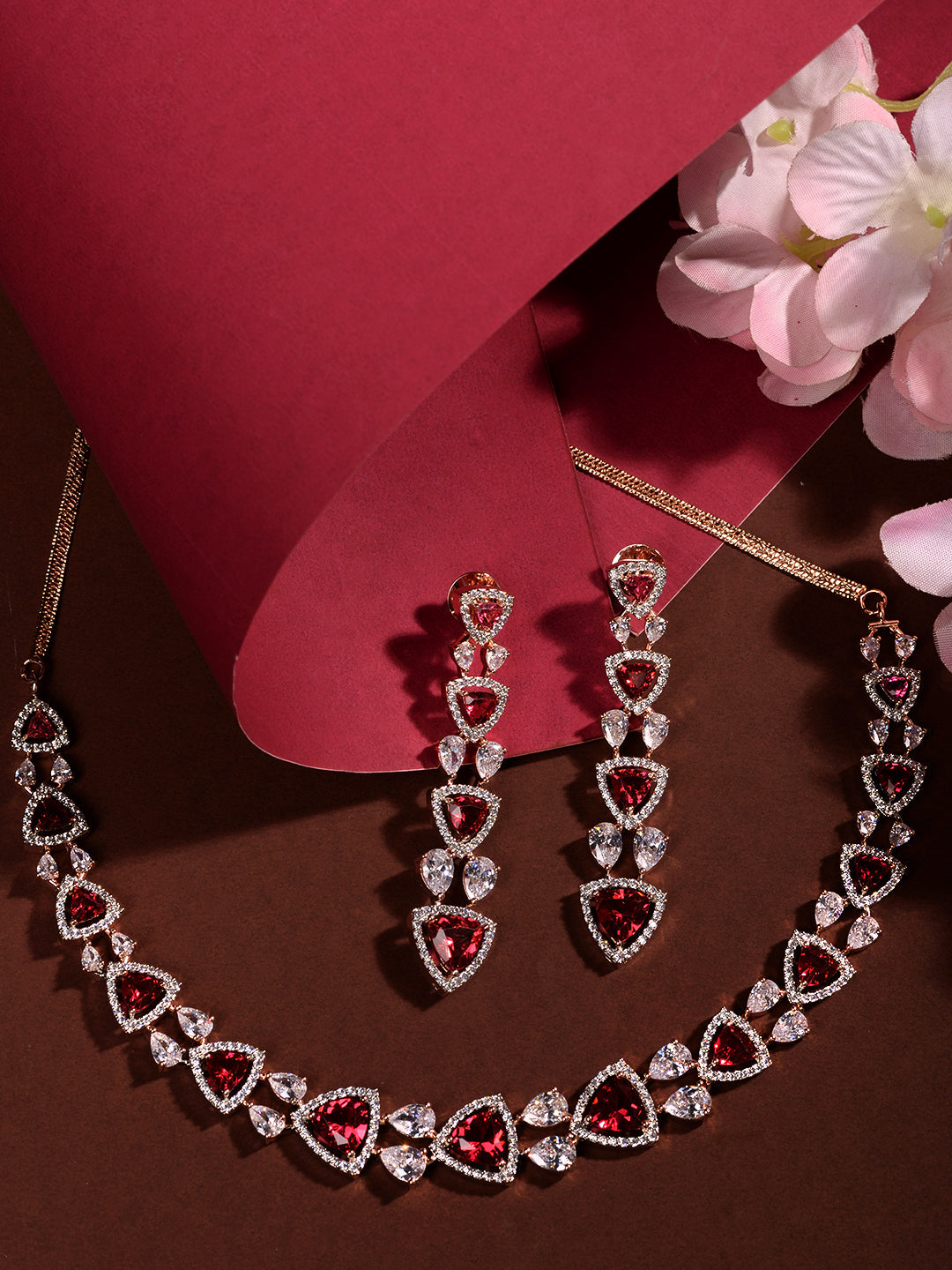 Rose Gold Plated Red AD studded Triangle shaped designer Necklace Jewellery Set, zaveri pearls, sale price rs, sale price, sale gold plated, sale gold, sale, rubans, ring, regular price, priy