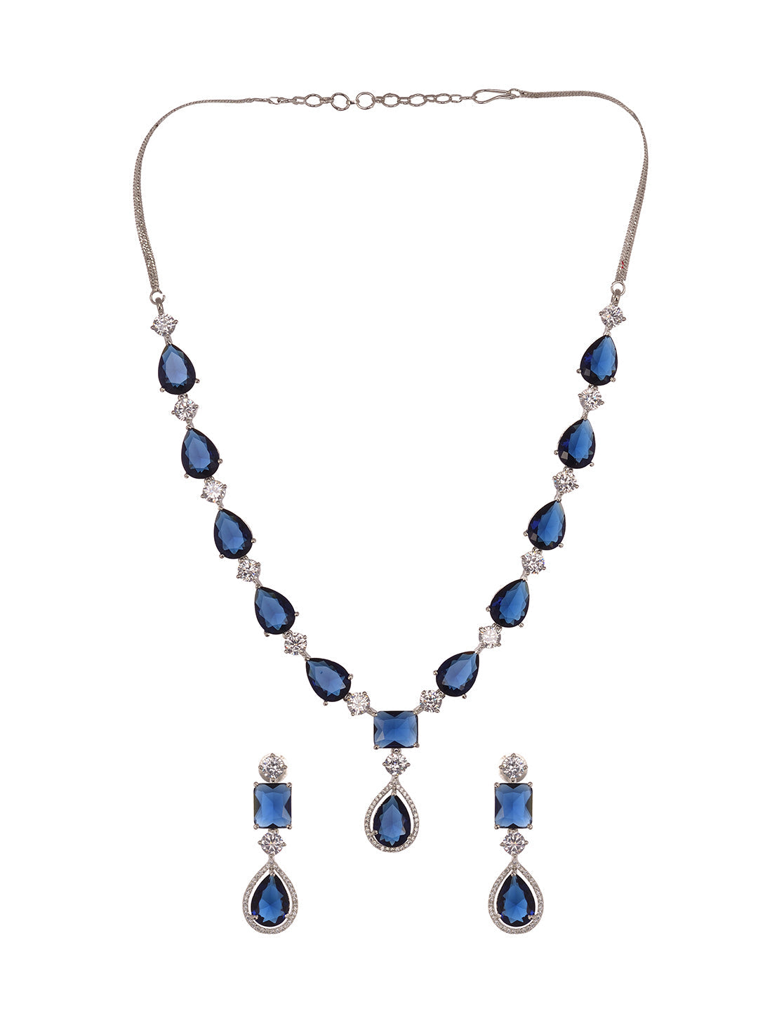 Silver Toned Blue AD studfded designer Necklace Jewellery Set, zaveri pearls, sale price rs, sale price, sale gold plated, sale gold, sale, rubans, ring, regular price, priyassi jewellery, ku