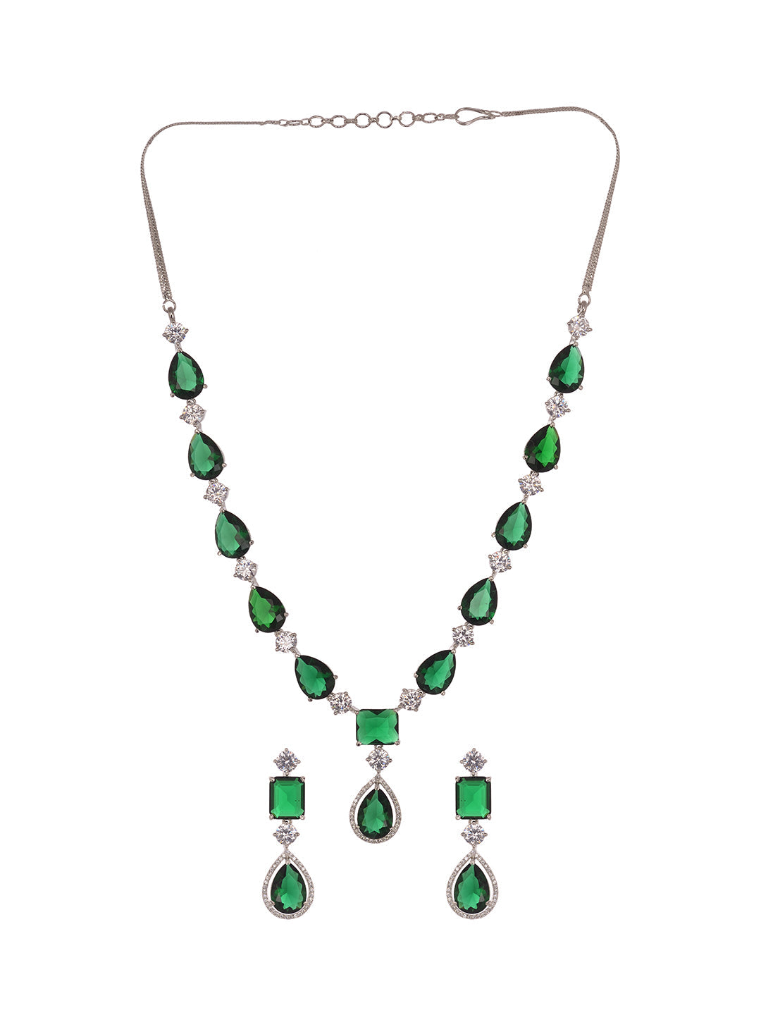 Silver Toned Green AD studfded designer Necklace Jewellery Set, zaveri pearls, sale price rs, sale price, sale gold plated, sale gold, sale, rubans, ring, regular price, priyassi jewellery, k