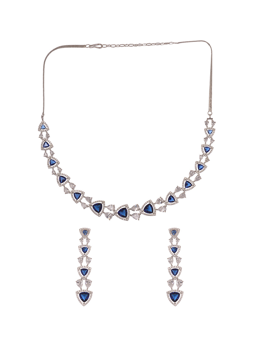 Silver Toned Blue AD studded Triangle shaped designer Necklace Jewellery Set, zaveri pearls, sale price rs, sale price, sale gold plated, sale gold, sale, rubans, ring, regular price, priyass