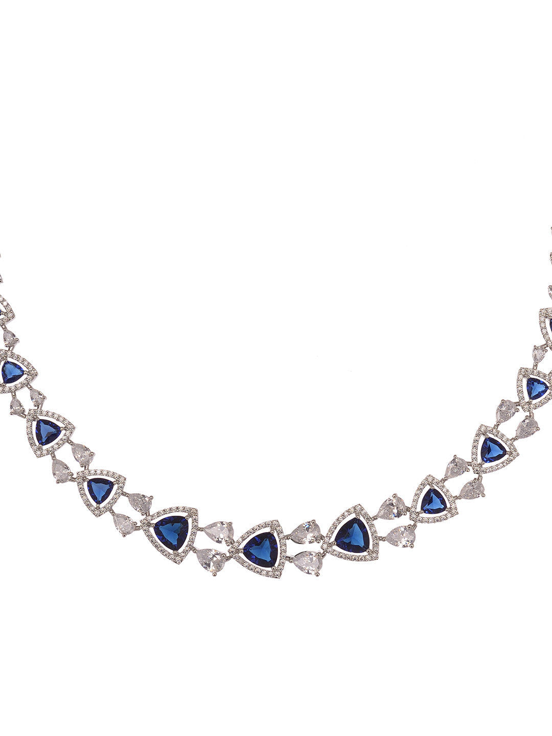 Silver Toned Blue AD studded Triangle shaped designer Necklace Jewellery Set, zaveri pearls, sale price rs, sale price, sale gold plated, sale gold, sale, rubans, ring, regular price, priyass