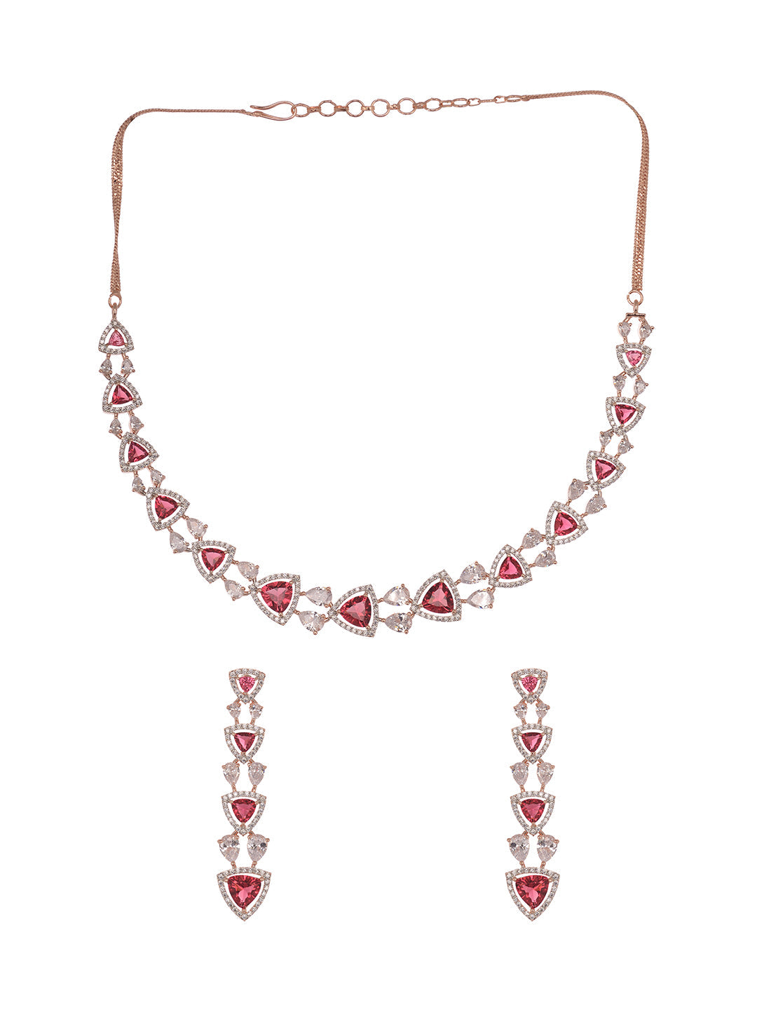 Rose Gold Plated Red AD studded Triangle shaped designer Necklace Jewellery Set, zaveri pearls, sale price rs, sale price, sale gold plated, sale gold, sale, rubans, ring, regular price, priy