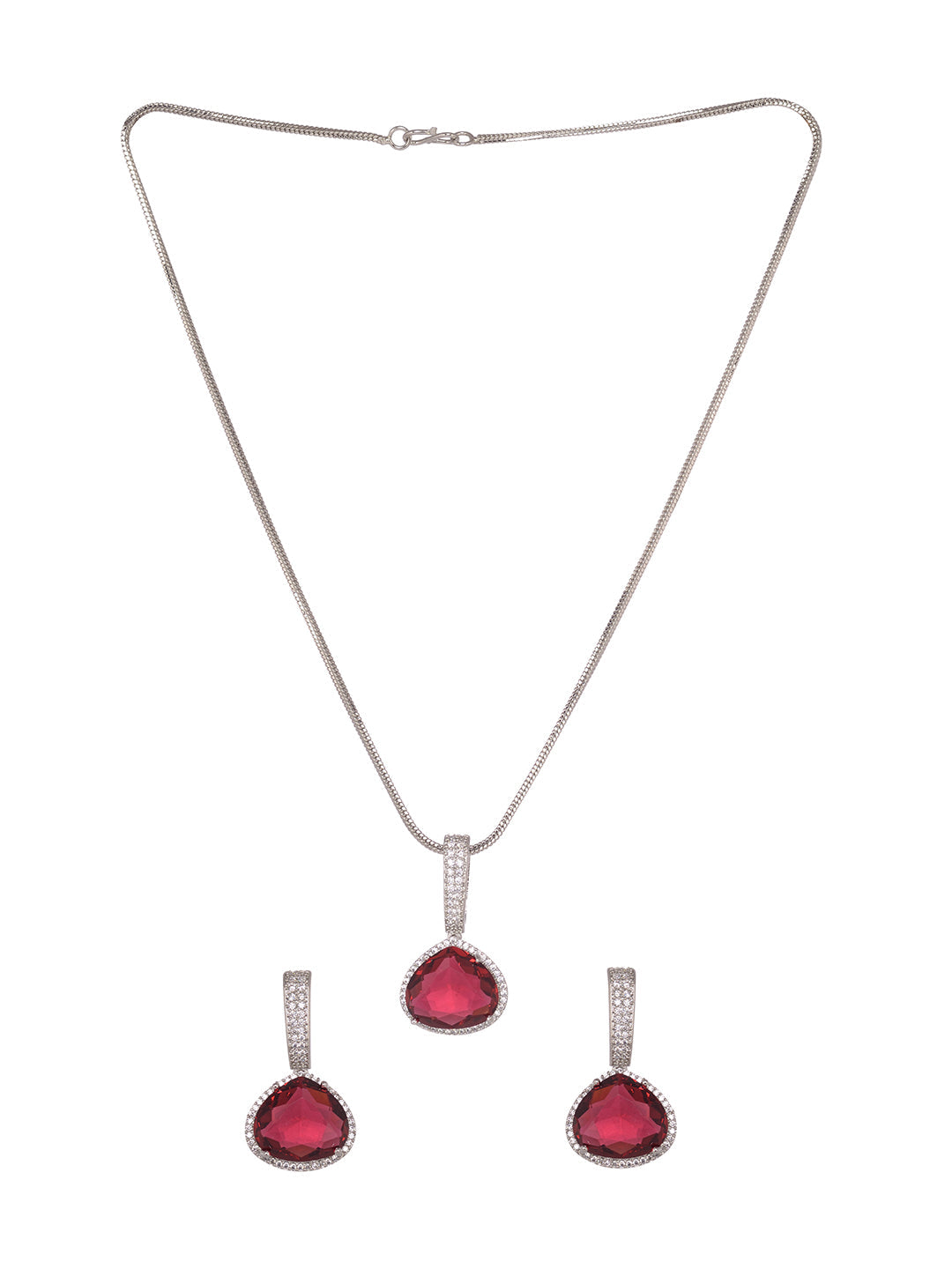 Silver Toned Red AD studdeed Elegant Pendant Earrings Locket Jewellery Set, zaveri pearls, sale price rs, sale price, sale gold plated, sale gold, sale, rubans, ring, regular price, priyassi 