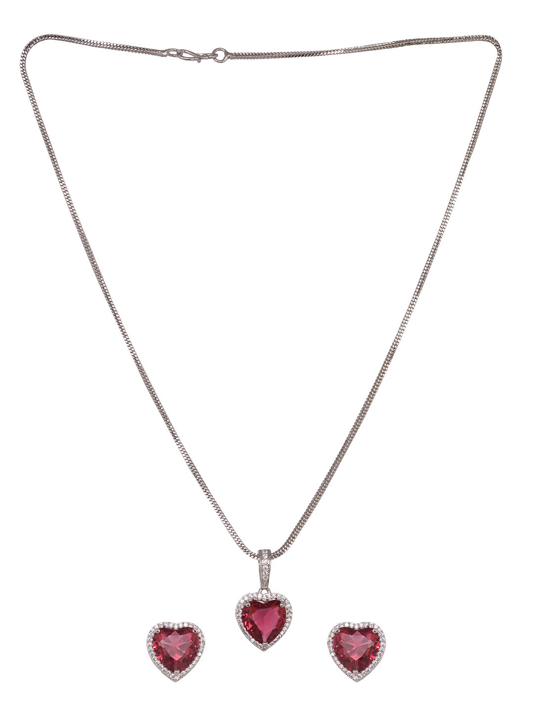 Silver Palted Red AD Studded Heart Shaped Pendant Earrings Locket Jewellery Set, zaveri pearls, sale price rs, sale price, sale gold plated, sale gold, sale, rubans, ring, regular price, priy