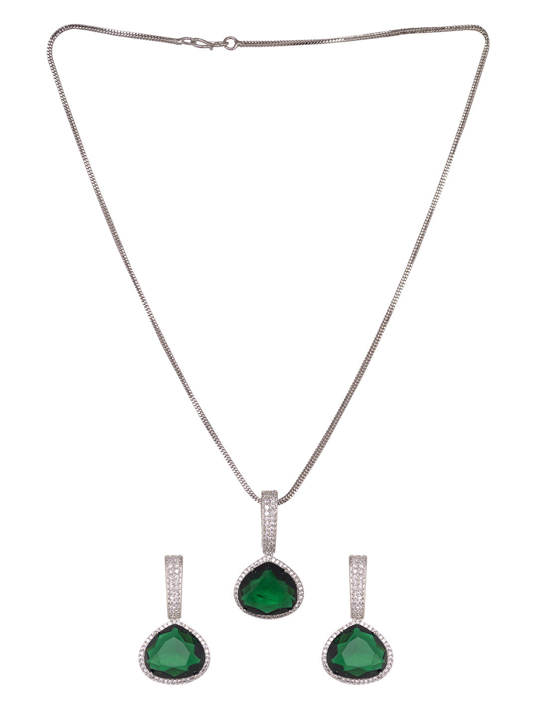 Silver Toned Green AD studdeed Elegant Pendant Earrings Locket Jewellery Set, zaveri pearls, sale price rs, sale price, sale gold plated, sale gold, sale, rubans, ring, regular price, priyass