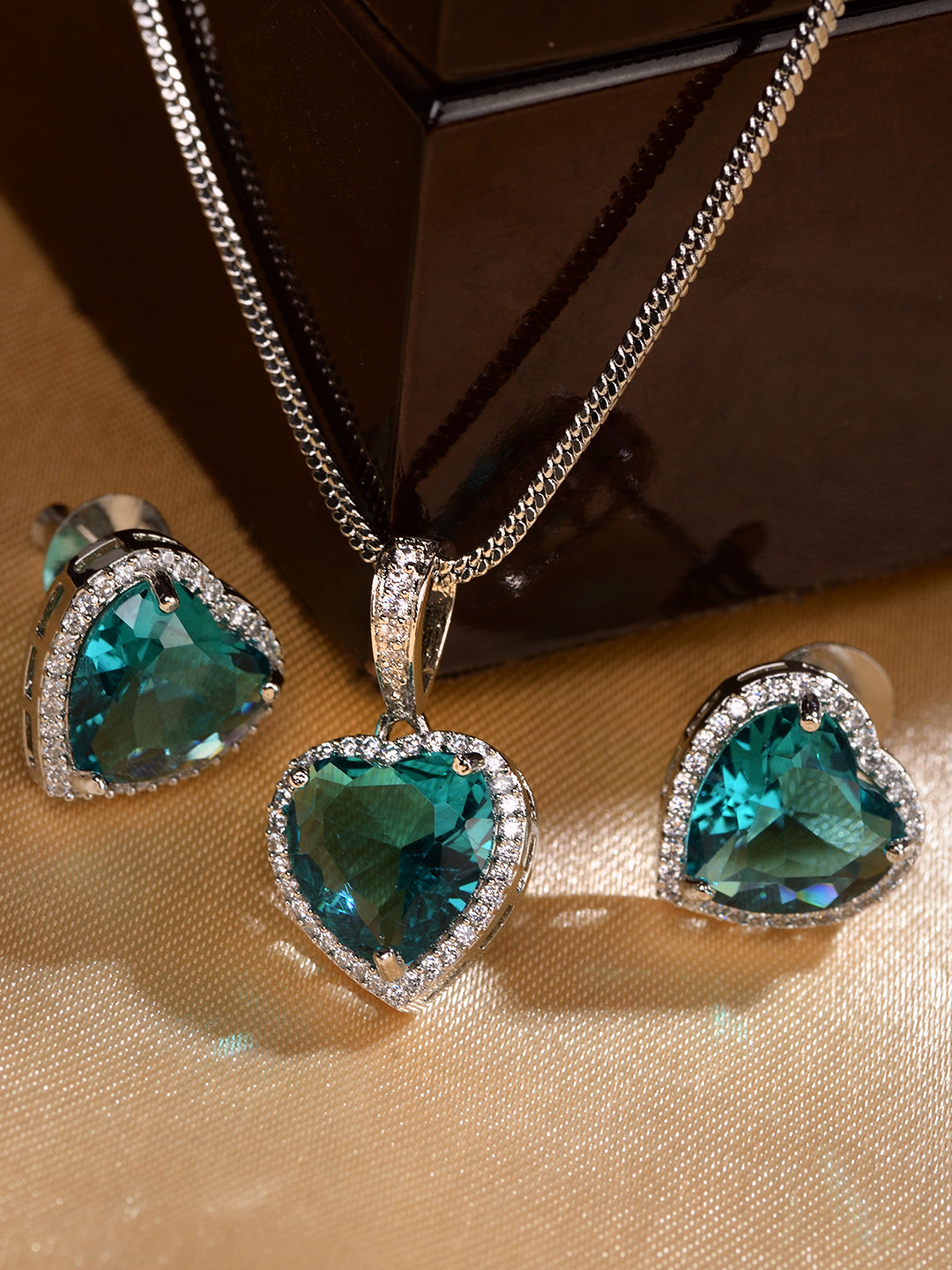 Silver Palted Blue AD Studded Heart Shaped Pendant Earrings Locket Jewellery Set, zaveri pearls, sale price rs, sale price, sale gold plated, sale gold, sale, rubans, ring, regular price, pri