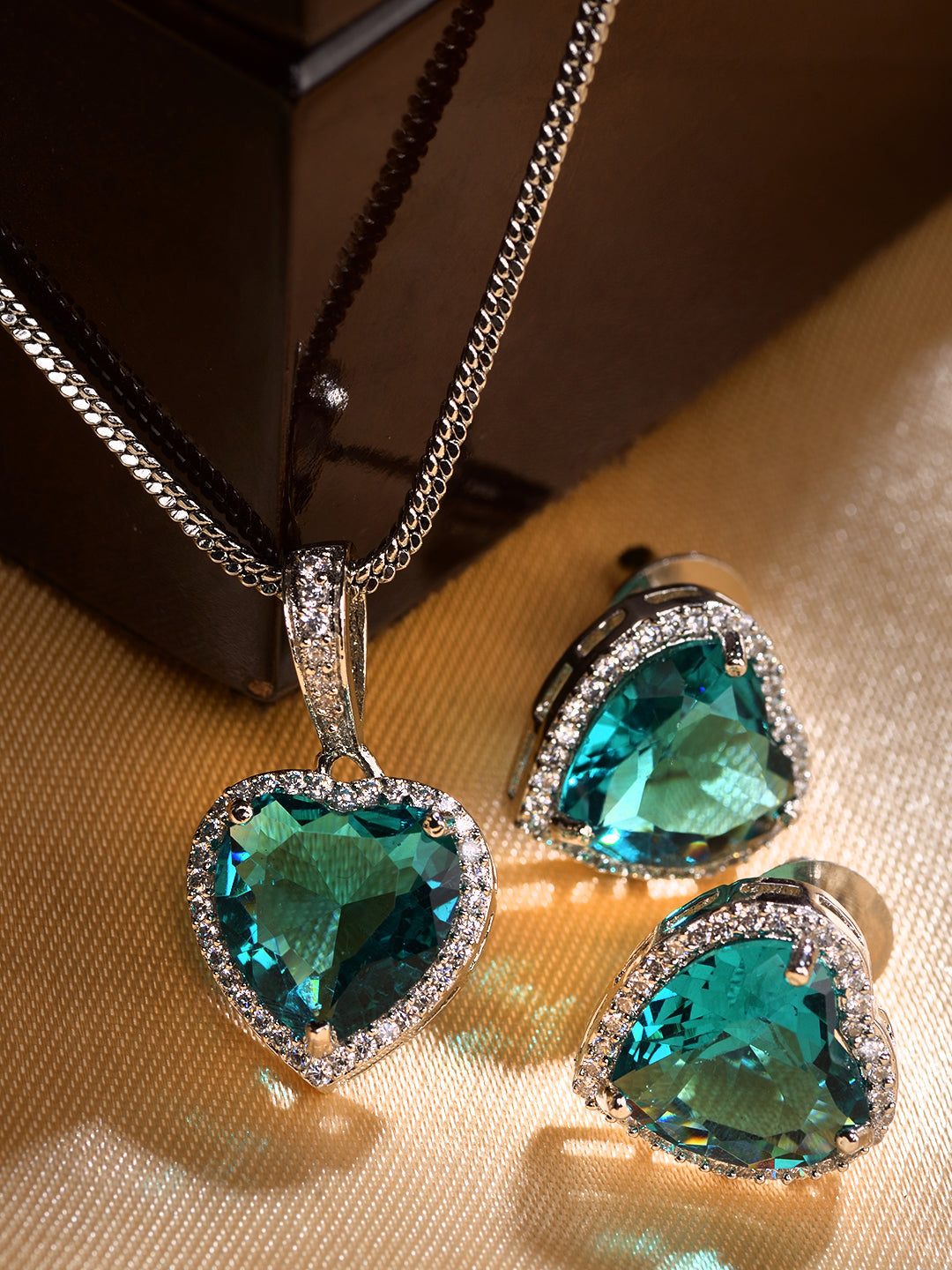 Silver Palted Blue AD Studded Heart Shaped Pendant Earrings Locket Jewellery Set, zaveri pearls, sale price rs, sale price, sale gold plated, sale gold, sale, rubans, ring, regular price, pri